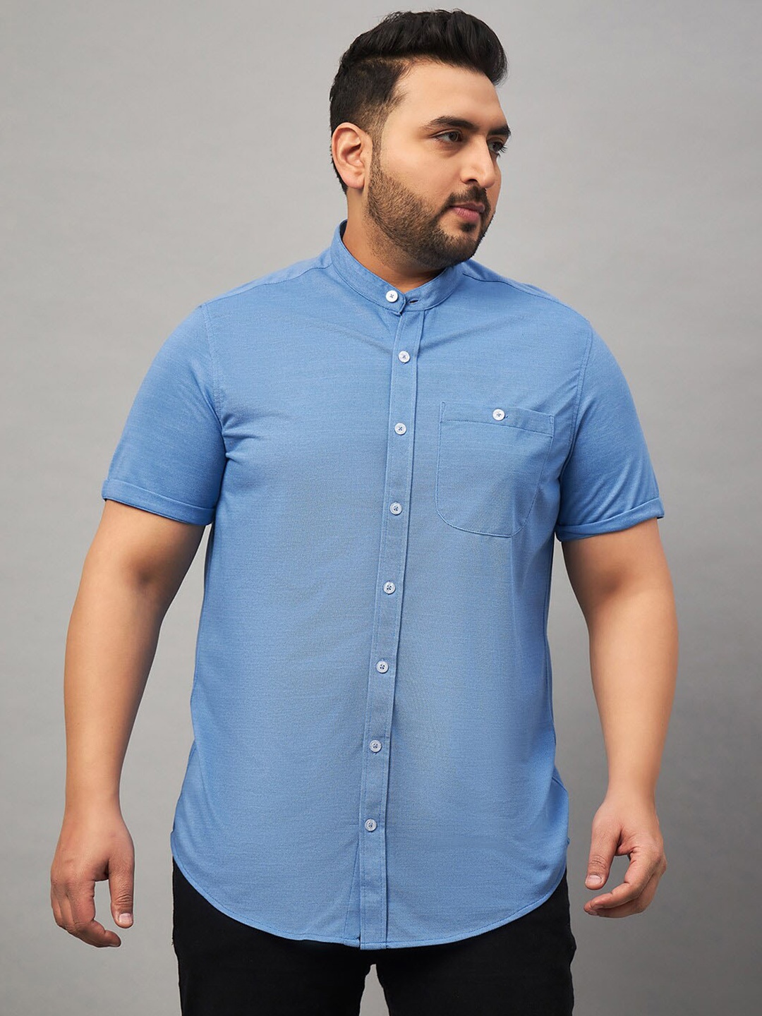 

Club York Mandarin Collar Plus Size Cotton Casual Shirt, Blue