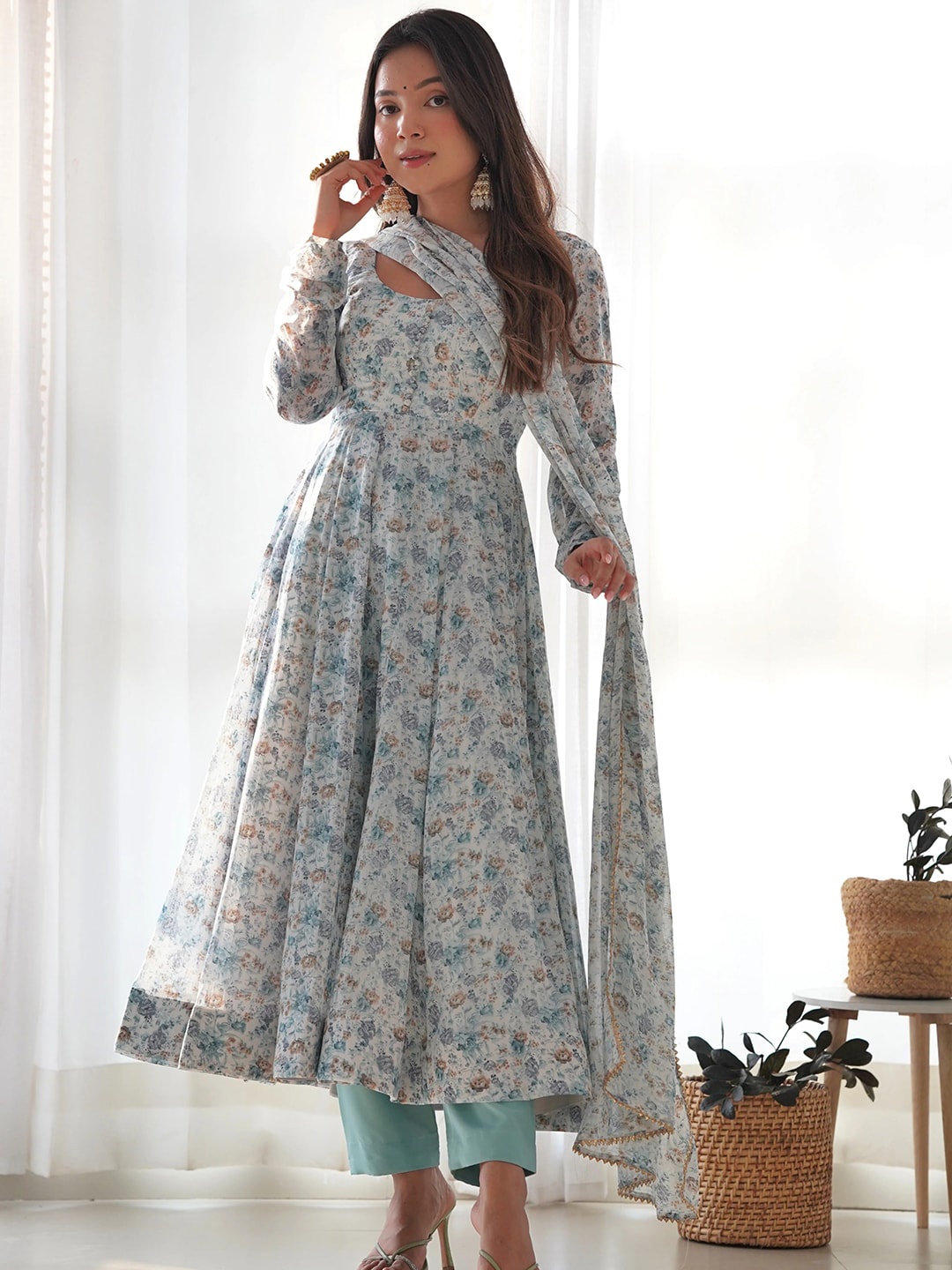 

KALINI Floral Printed Organza Anarkali Kurta with Dupatta, Blue