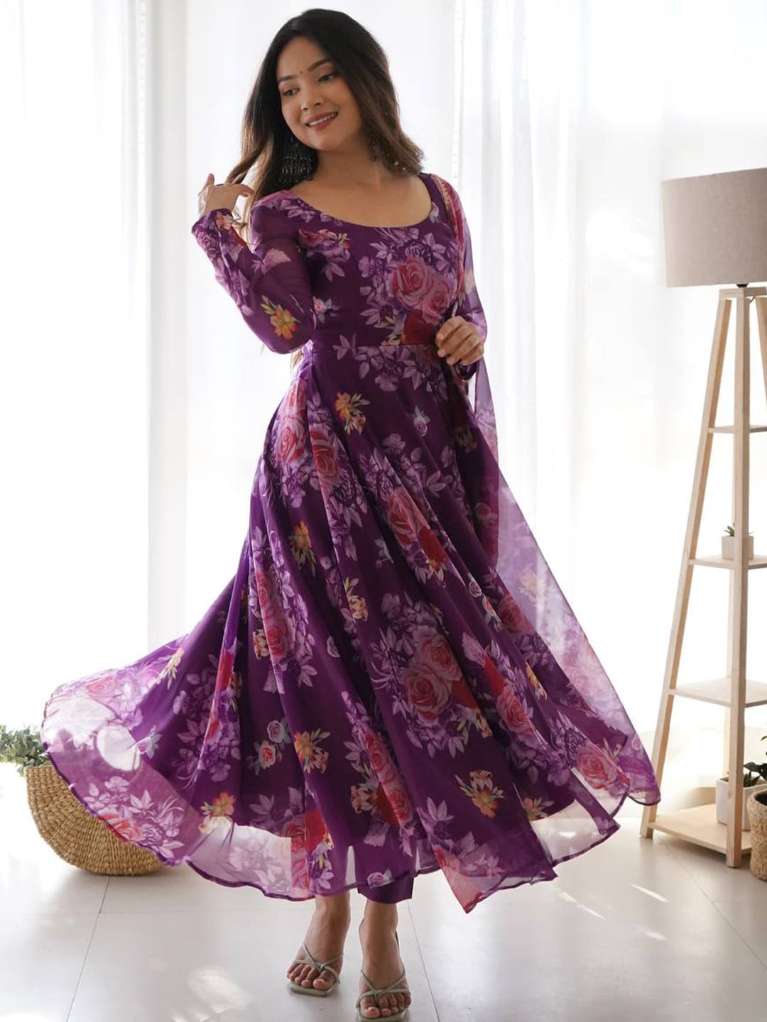 

KALINI Floral Printed Organza Kurta With Dupatta Set, Purple
