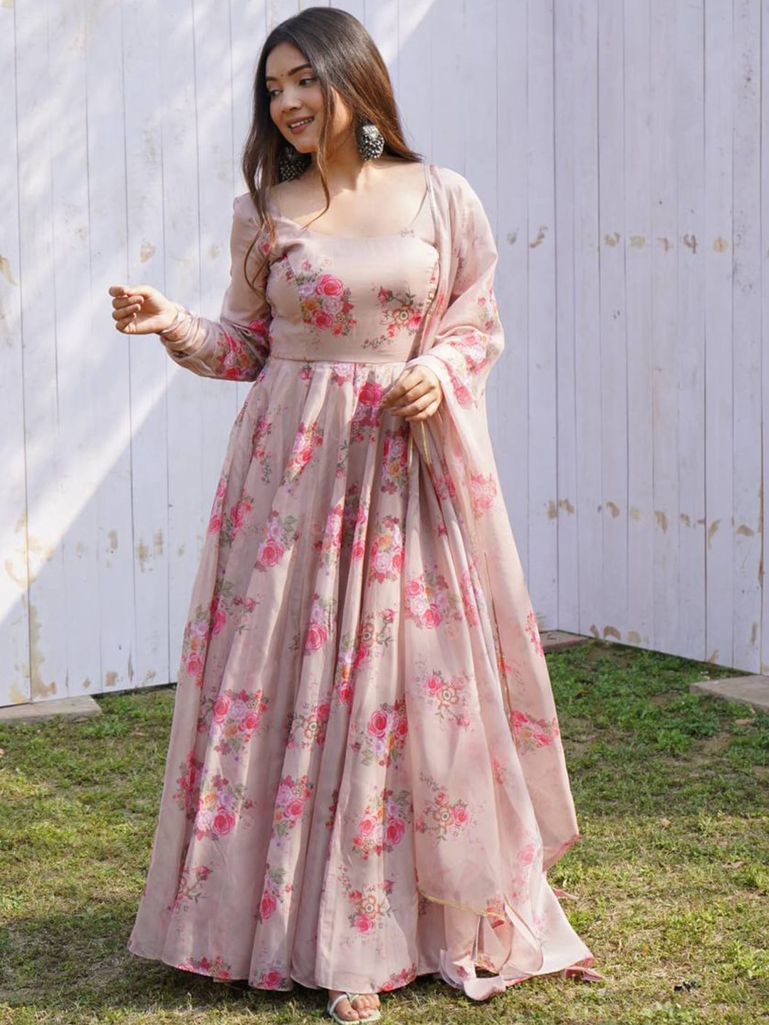 

KALINI Floral Printed Fit & Flared Maxi Ethnic Dress With Duppata, Pink