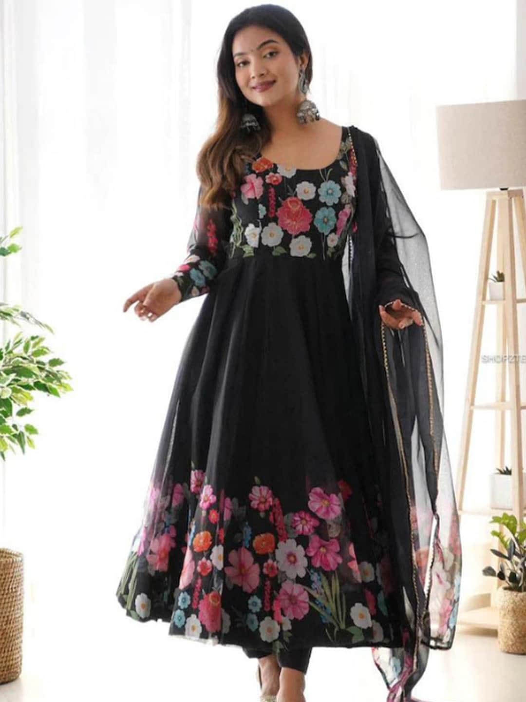 

KALINI Floral Printed Organza Anarkali Kurta With Dupatta, Black