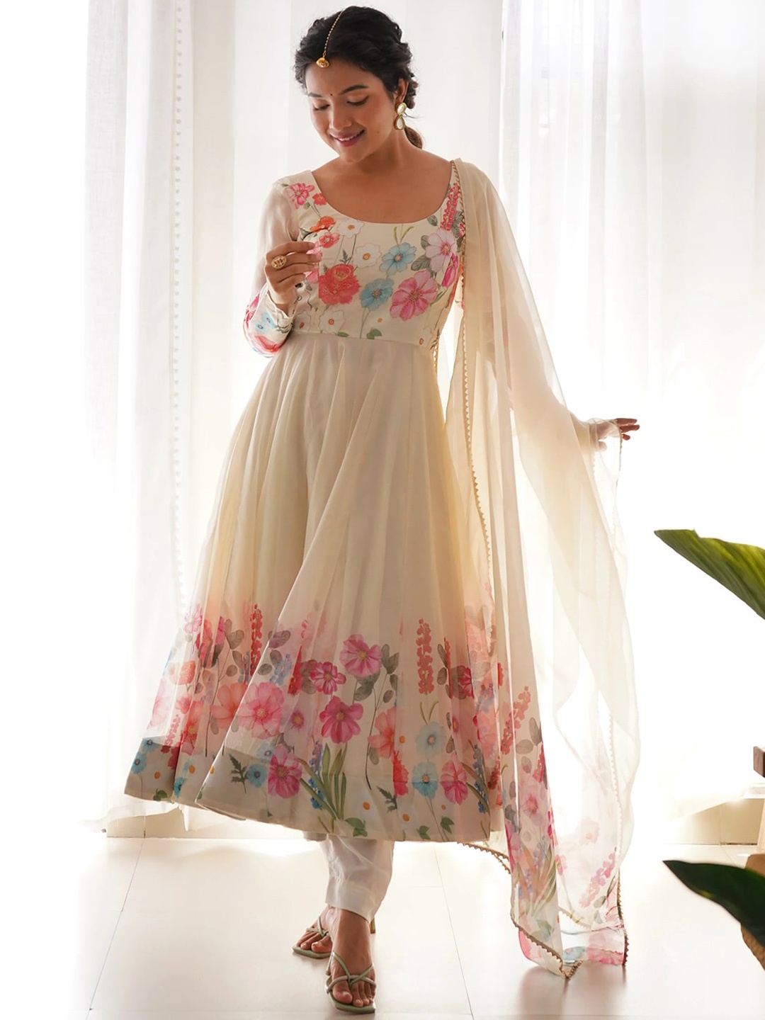 

KALINI Floral Printed Organza Kurta With Dupatta Set, Off white