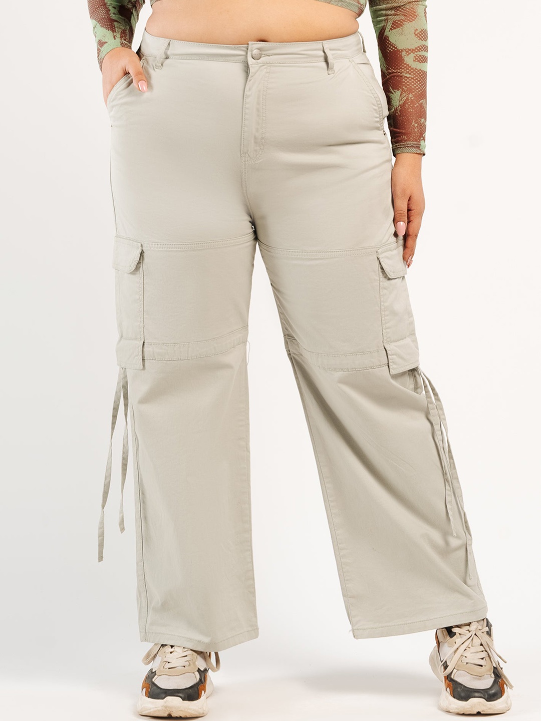 

FREAKINS Women Plus Size High-Rise Cotton Cargo Trouser, Green