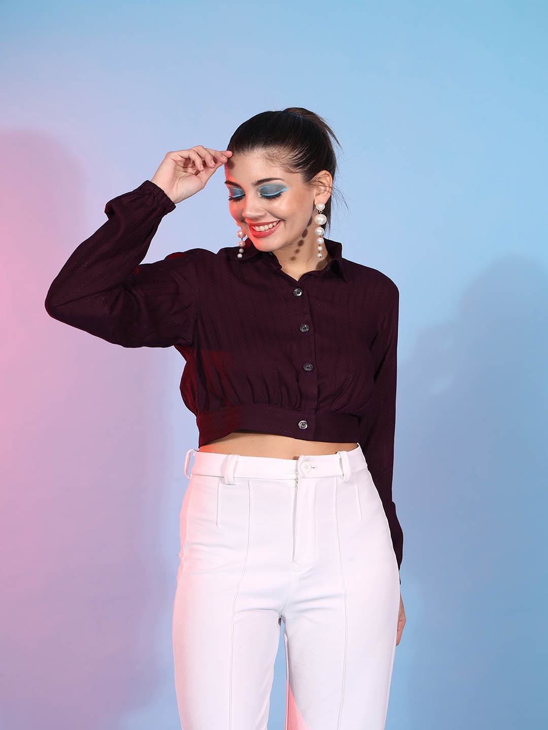 

SHUBHVASTRA Shirt Collar Shirt Style Crop Top, Purple