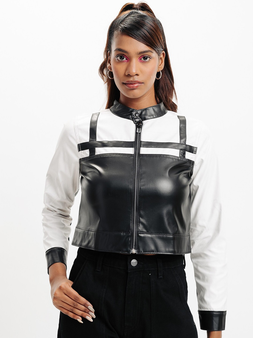 

FREAKINS Black Colourblocked Pure Leather Crop Leather Jacket