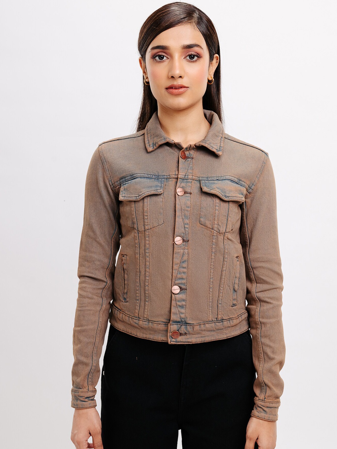 

FREAKINS Brown Long Sleeves Pure Cotton Denim Jacket