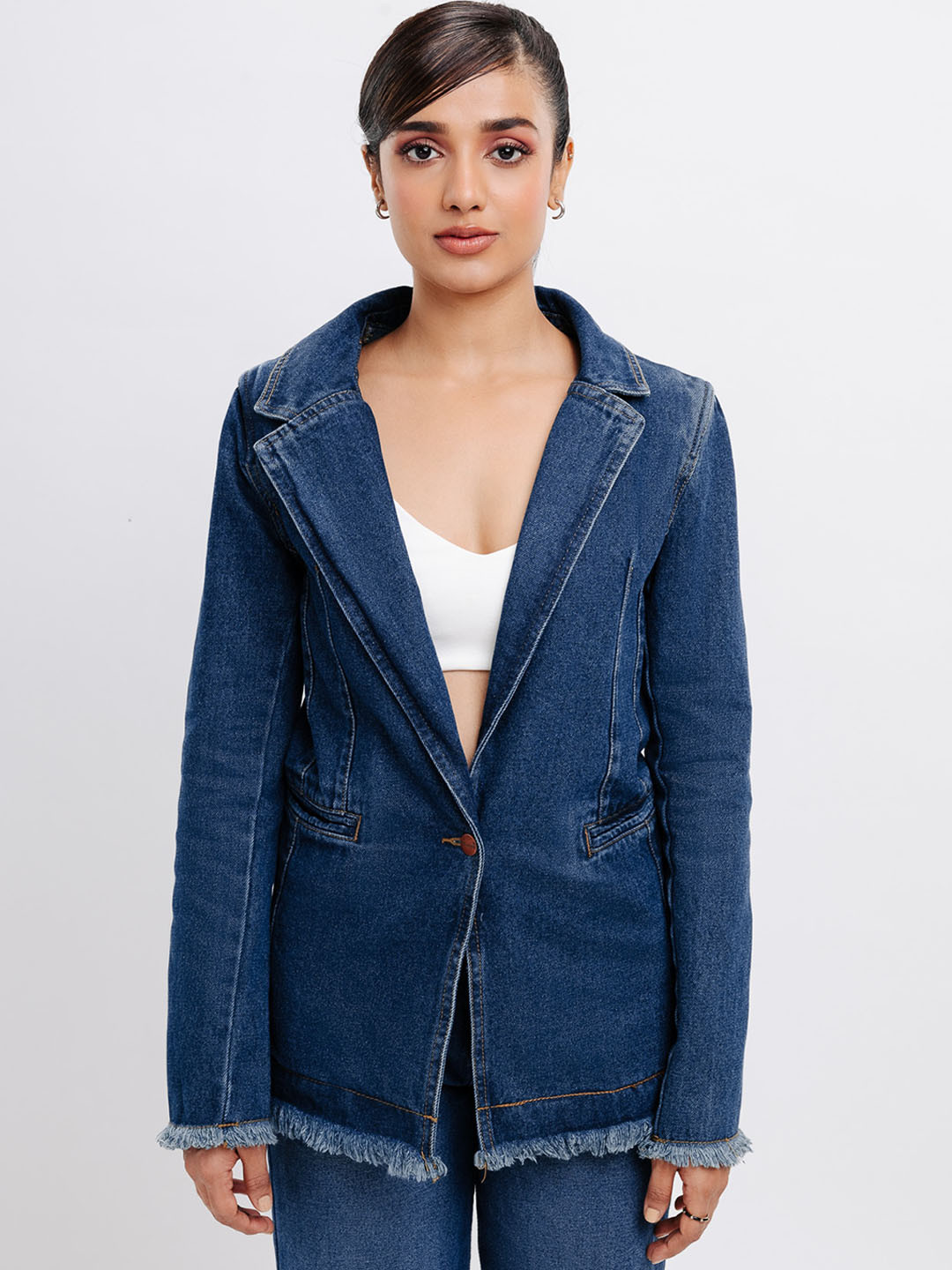 

FREAKINS Lapel Collar Pure Cotton Longline Denim Jacket, Blue
