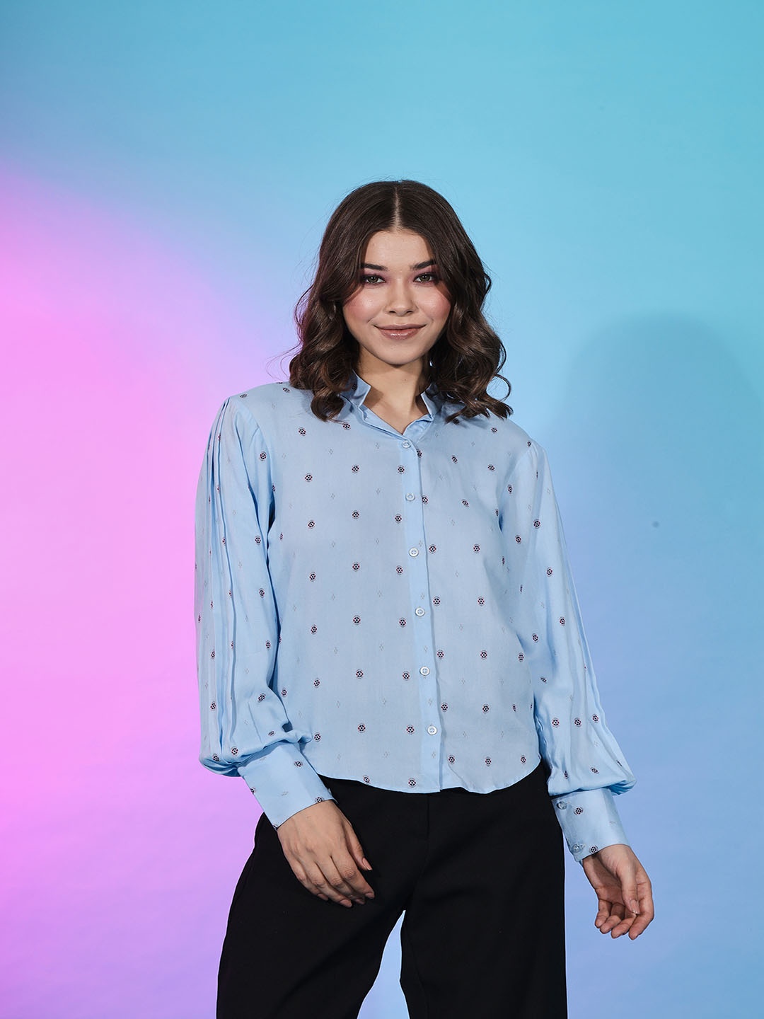 

SHUBHVASTRA Printed Shirt Collar Shirt Style Top, Blue