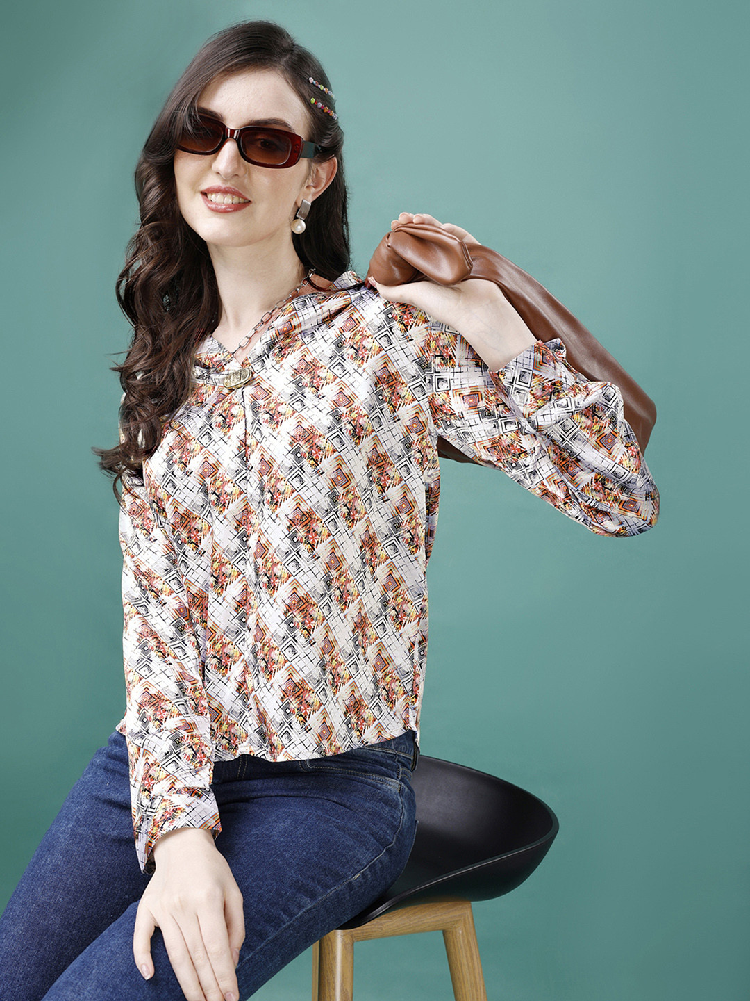 

KALINI Floral Printed Tie-Up Neck Satin Top, White