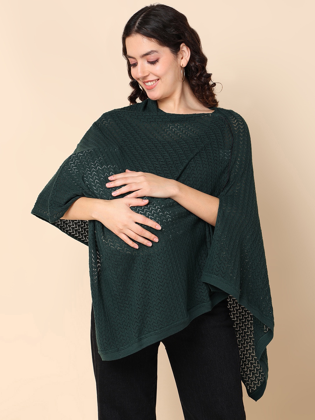 

House Of Zelena Open Knit Self Design Maternity Poncho Shrug, Green