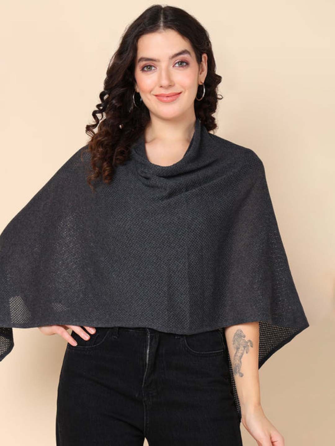 

House Of Zelena Women Self Design Cowl Neck Poncho Shrug, Charcoal