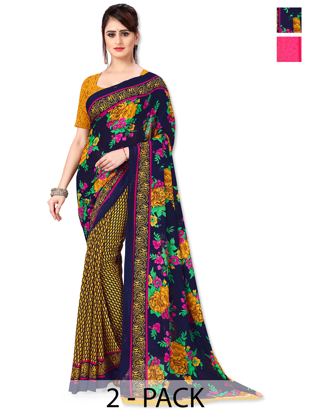 

ANAND SAREES Selection Of 2 Printed Sarees, Black