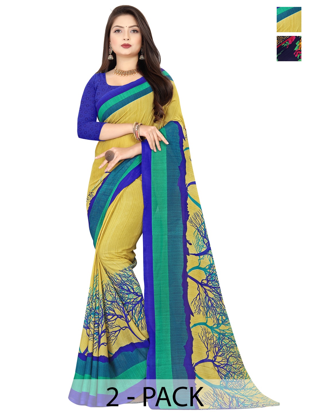 ANAND SAREES Selection Of 2 Floral Printed Saree, Blue