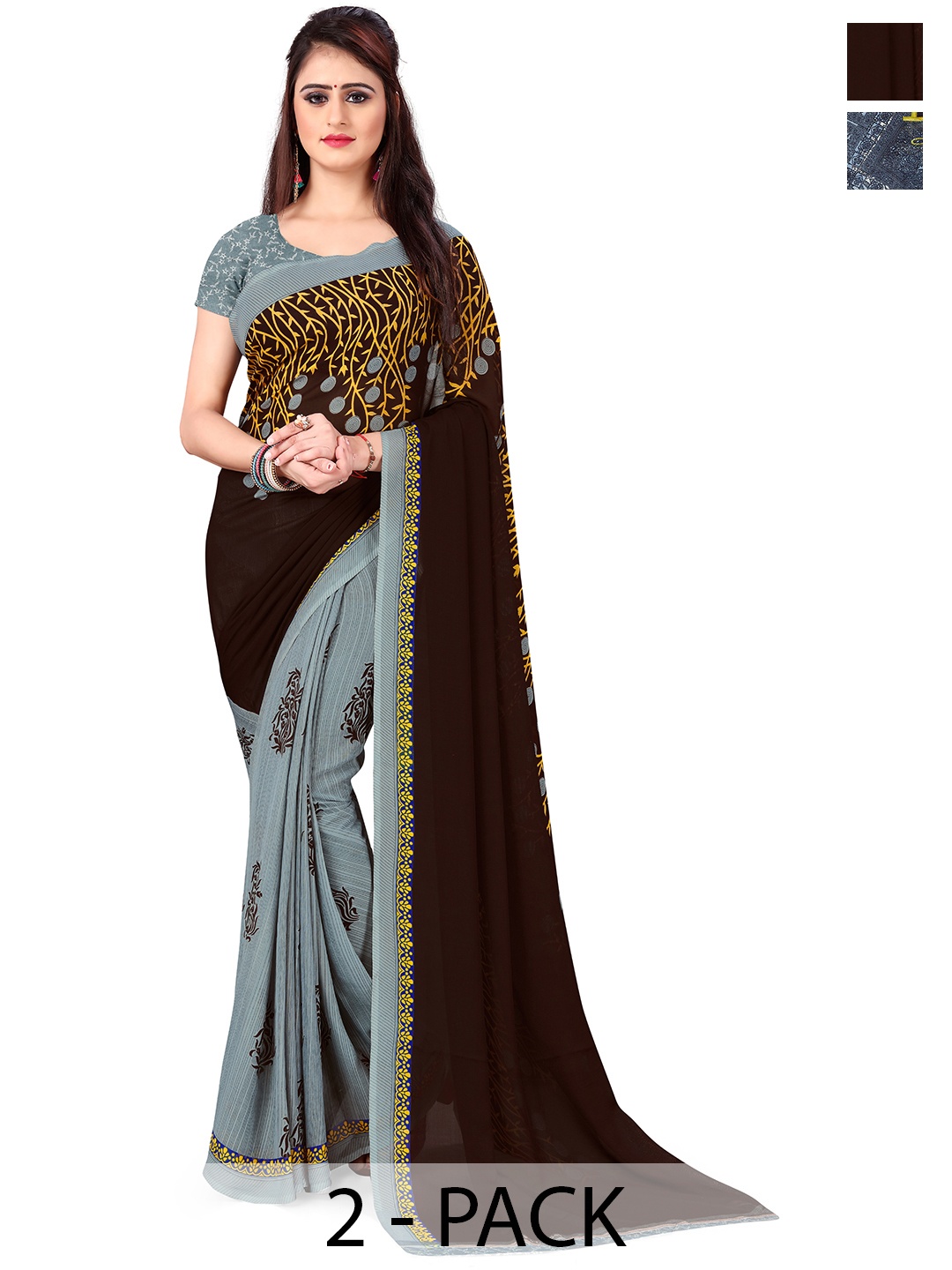 

ANAND SAREES Selection Of 2 Geometric Printed Sarees, Blue
