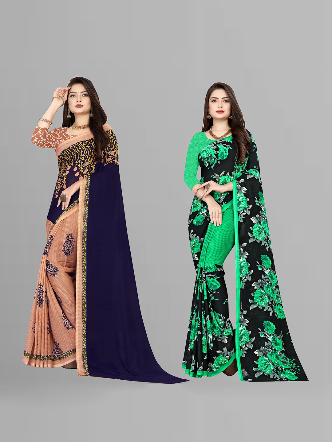 

ANAND SAREES Selection Of 2 Floral Printed Sarees, Green