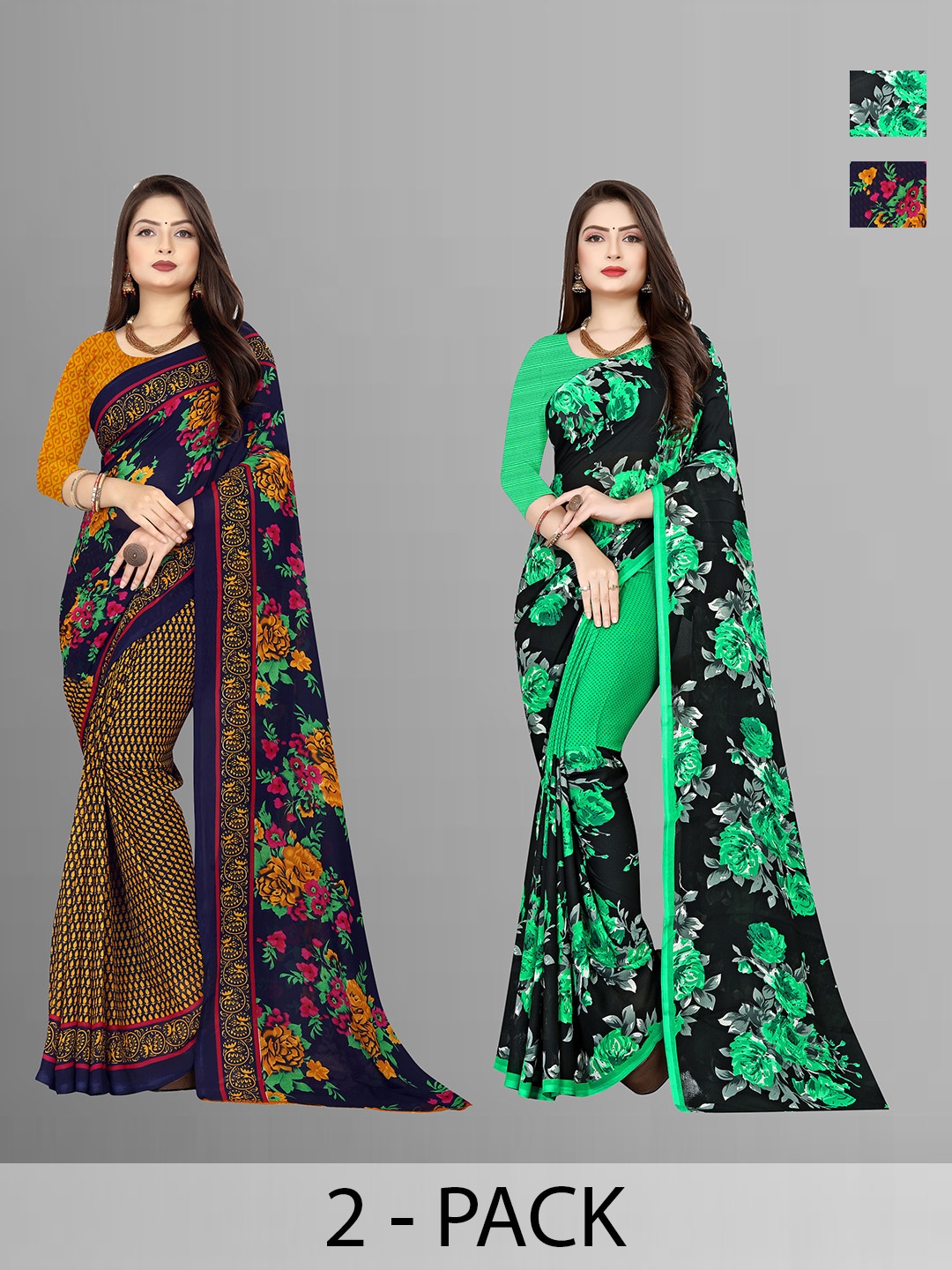 ANAND SAREES Selection Of 2 Floral Printed Saree, Blue