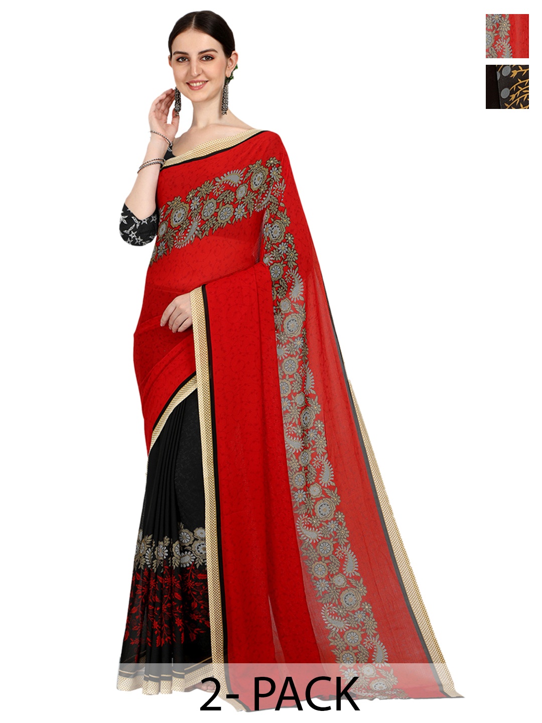 

ANAND SAREES Selection Of 2 Floral Printed Saree, Red