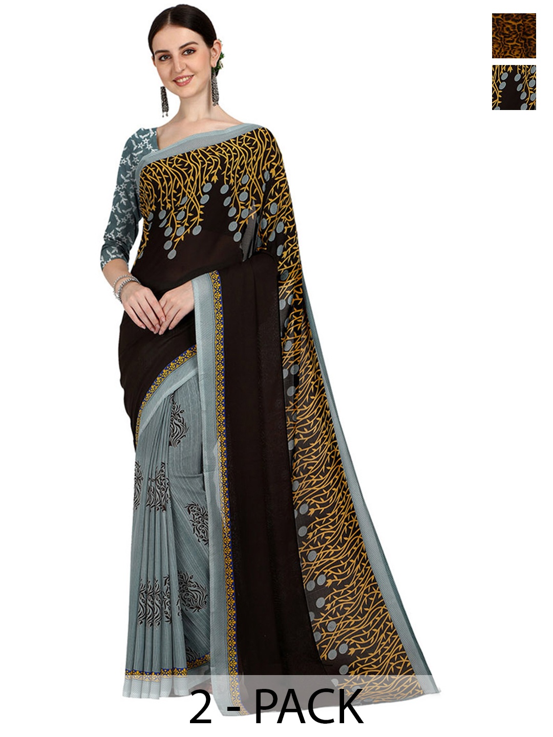 

ANAND SAREES Selection Of 2 Floral Printed Saree, Brown