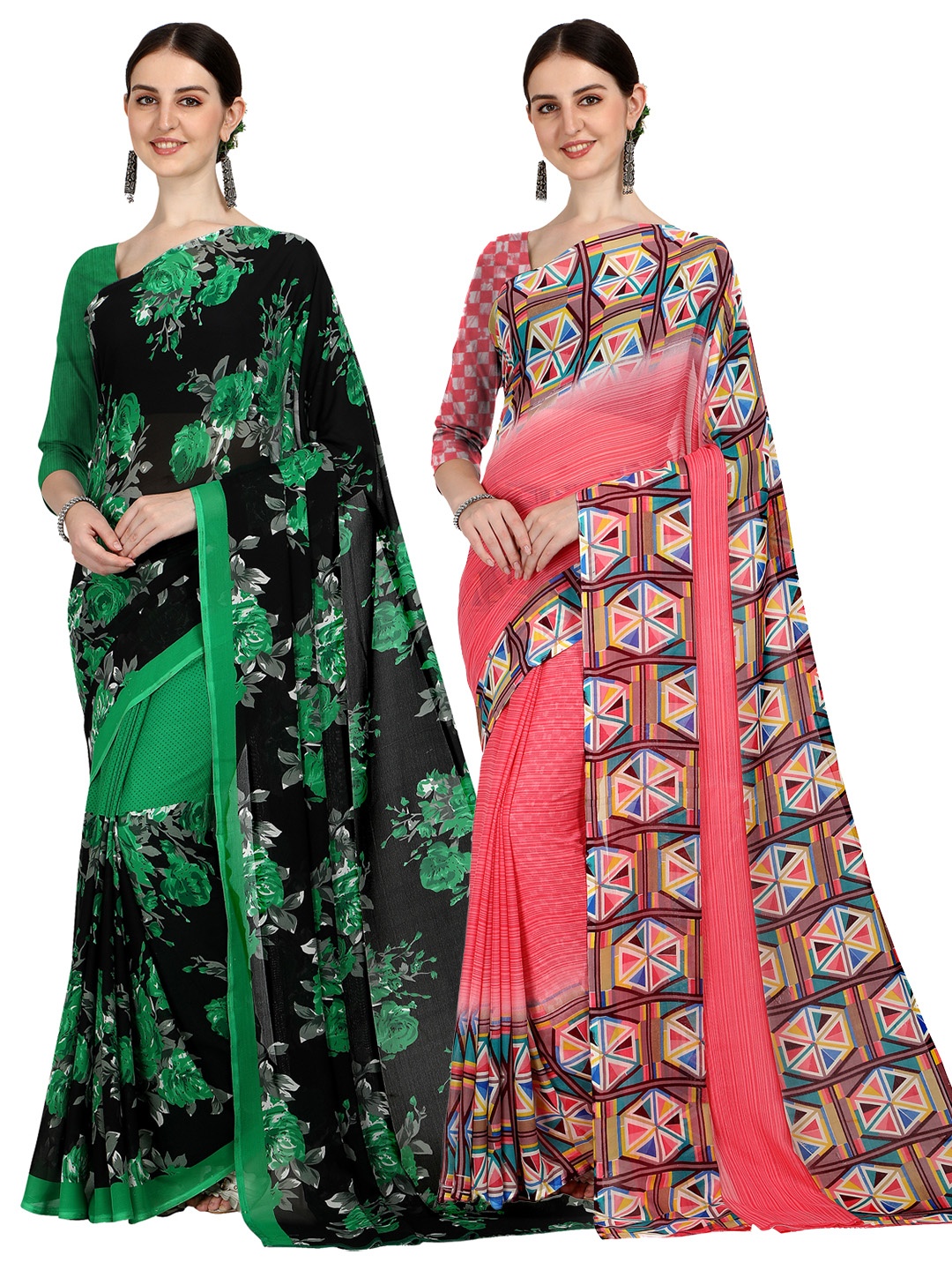 

ANAND SAREES Selection Of 2 Floral Printed Saree, Green