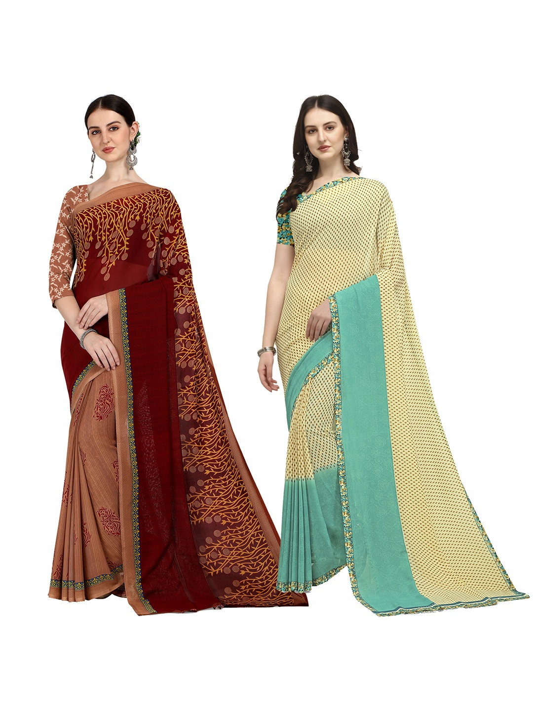 

ANAND SAREES Selection Of 2 Floral Printed Saree, Brown