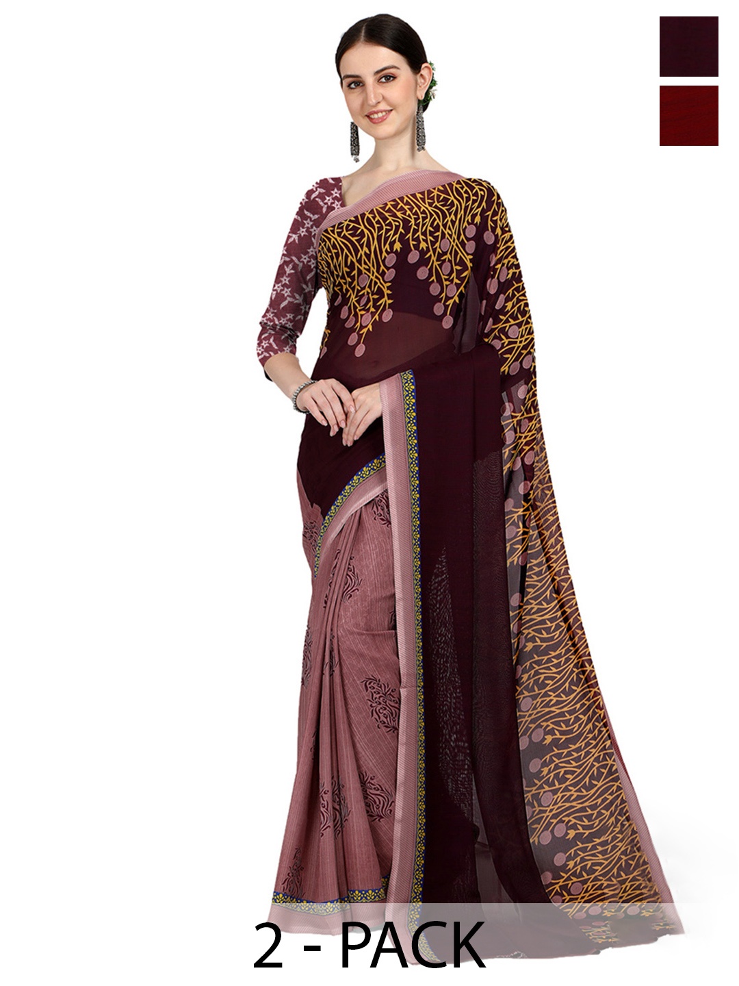 ANAND SAREES Selection Of 2 Floral Printed Saree, Pink