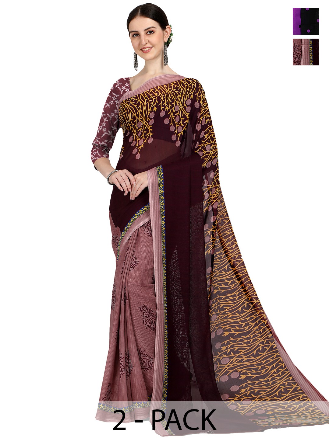 

ANAND SAREES Selection Of 2 Floral Printed Sarees, Purple