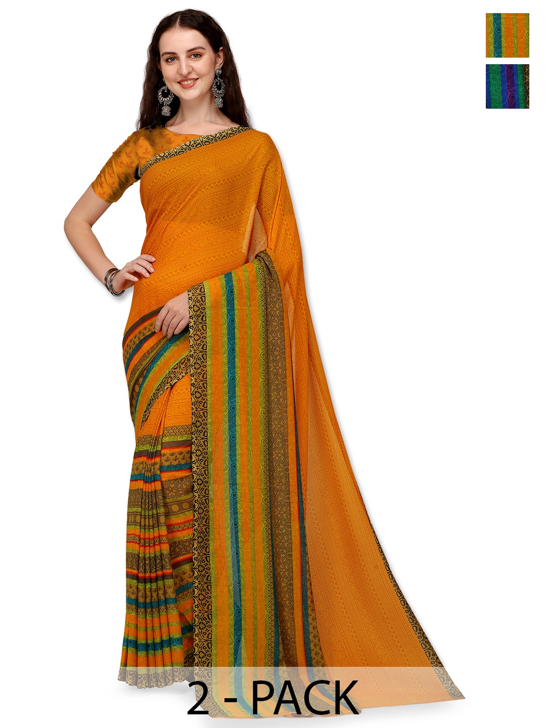 

ANAND SAREES Selection Of 2 Geometric Printed Sarees, Orange