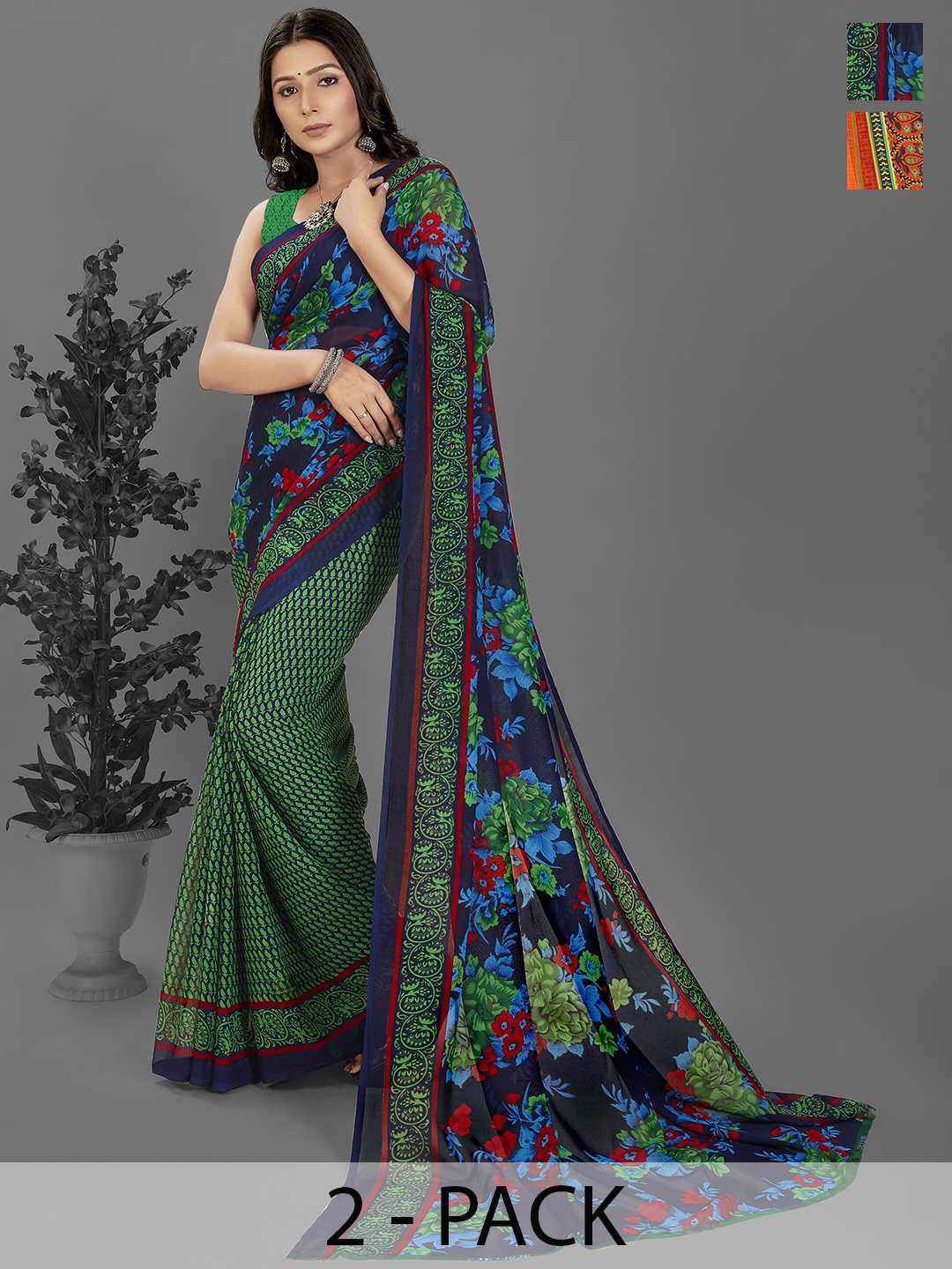 

ANAND SAREES Selection Of 2 Printed Sarees, Green