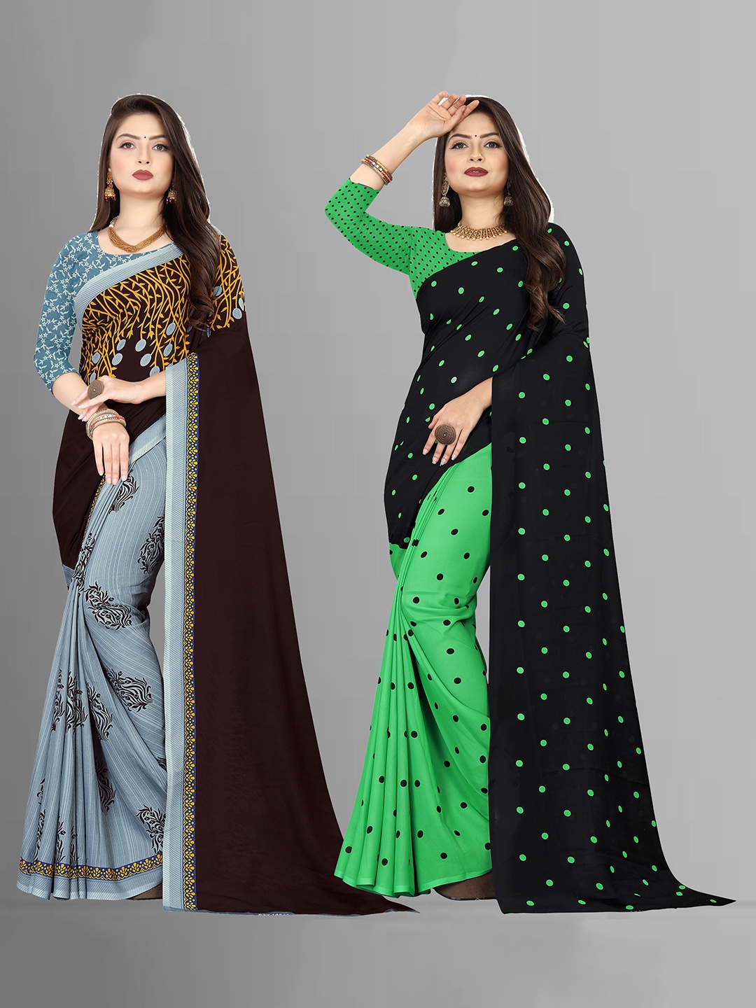

ANAND SAREES Selection Of 2 Polka Dots Printed Saree, Grey