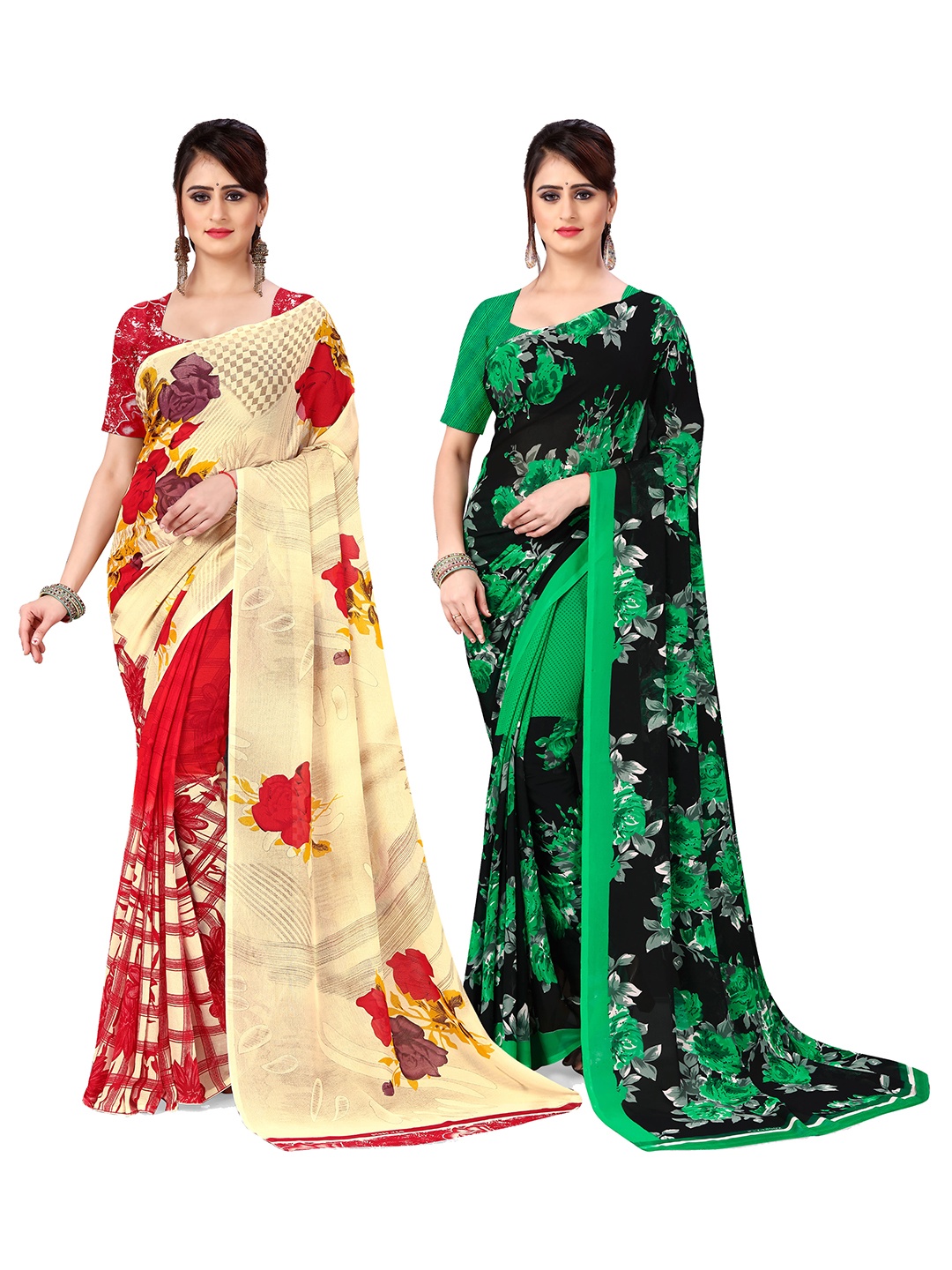 

ANAND SAREES Selection Of 2 Floral Printed Saree, Cream