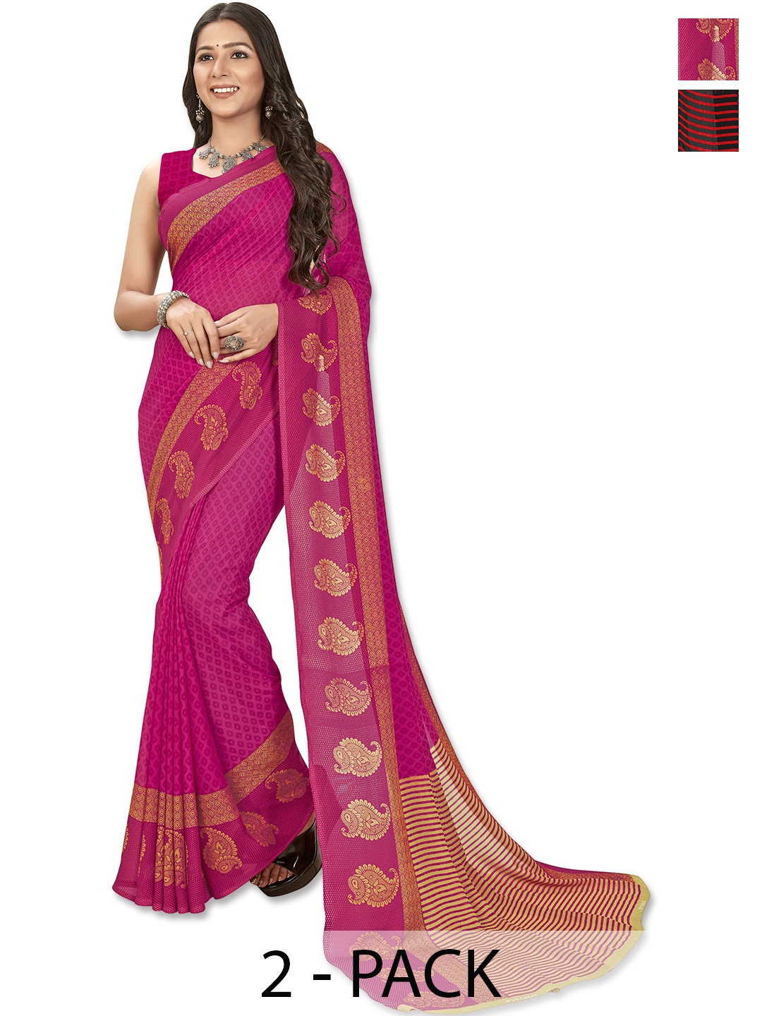 

ANAND SAREES Selection Of 2 Geometric Printed Sarees, Red