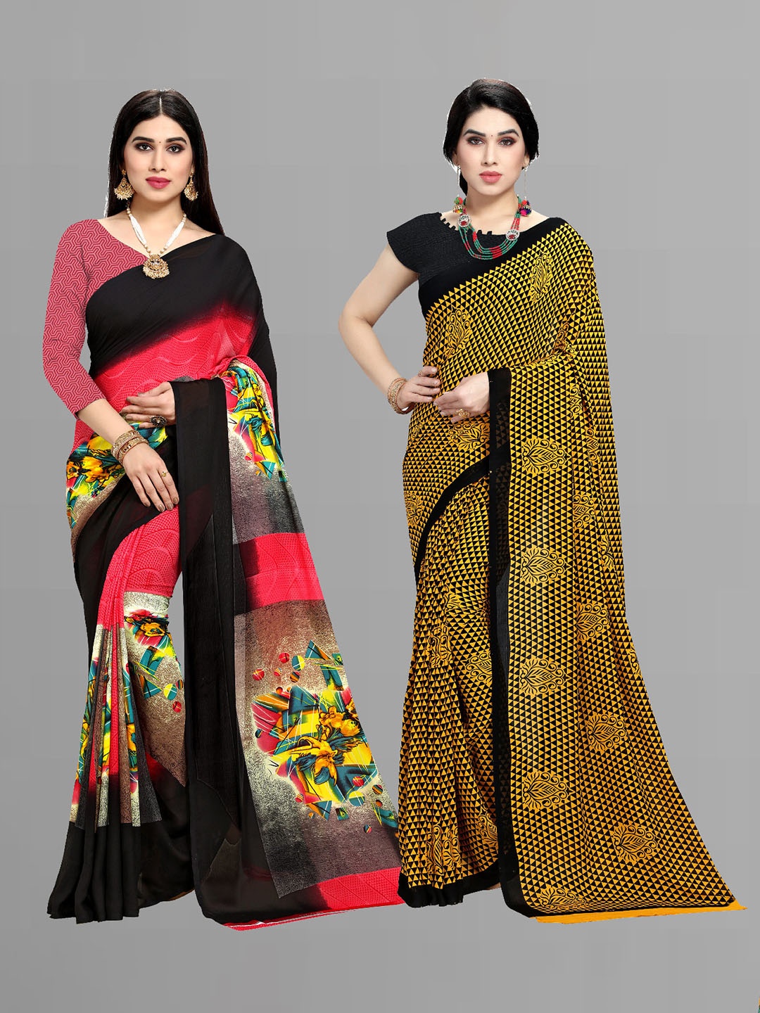 

ANAND SAREES Selection Of 2 Floral Printed Saree, Black