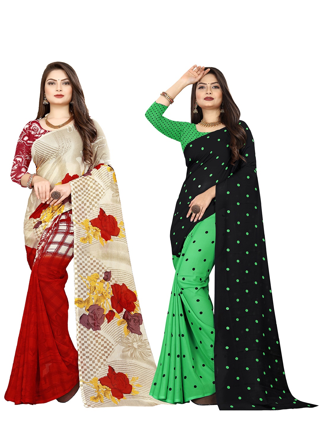 

ANAND SAREES Selection Of 2 Polka Dots Printed Saree, Beige