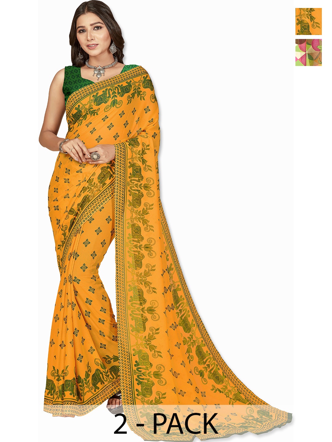 

ANAND SAREES Selection Of 2 Floral Printed Sarees, Yellow