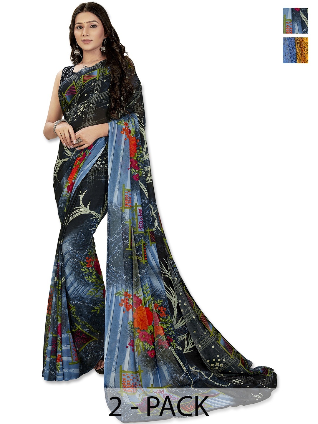 

ANAND SAREES Selection Of 2 Floral Printed Saree, Black