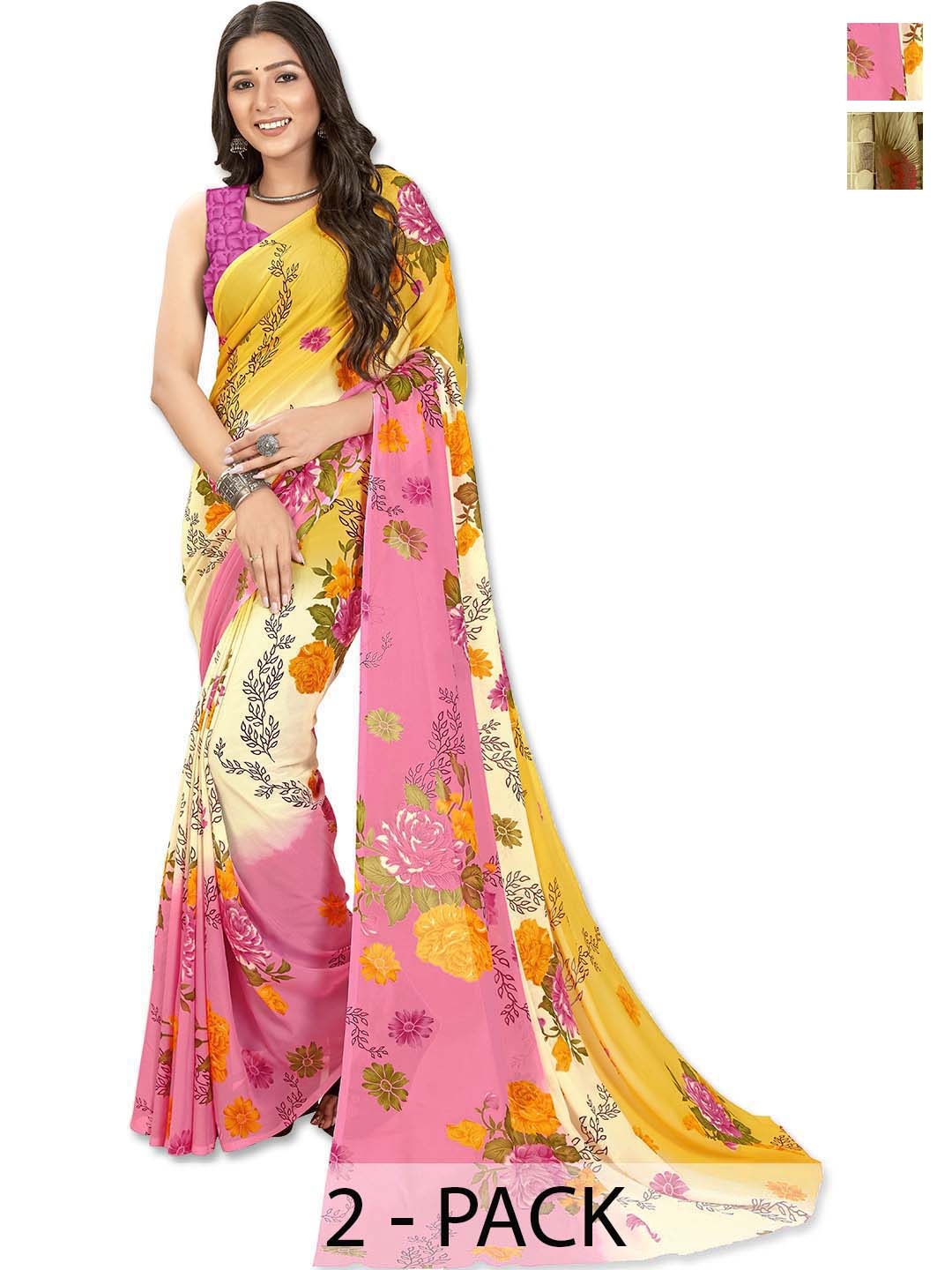 

ANAND SAREES Selection Of 2 Floral Printed Sarees, Yellow