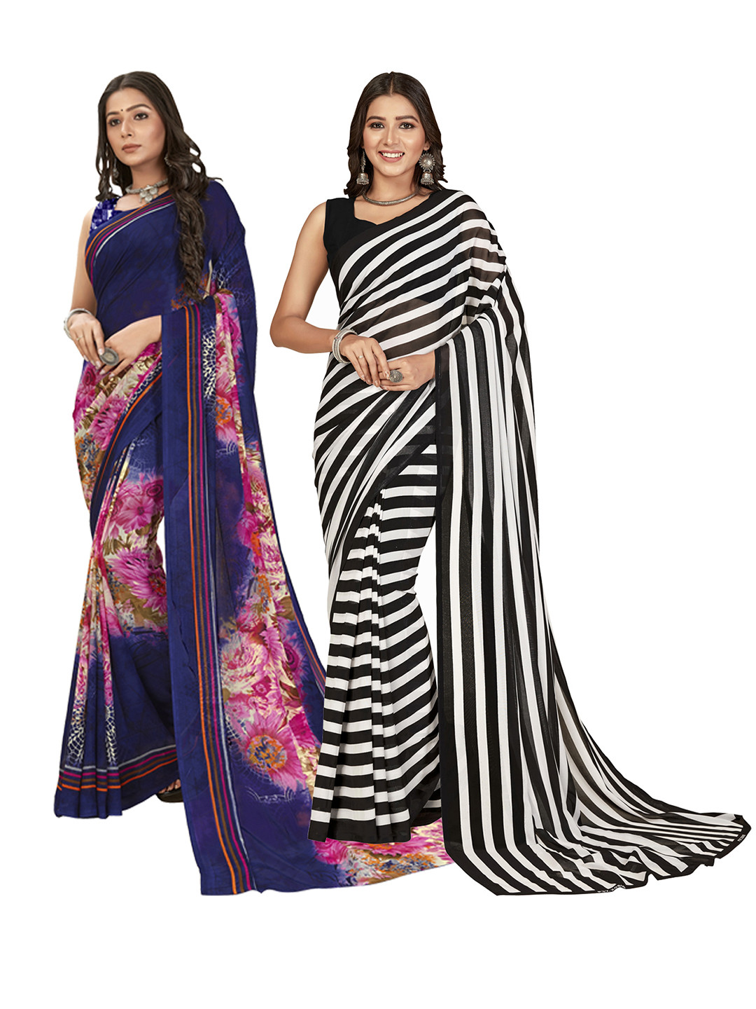

ANAND SAREES Selection Of 2 Floral Printed Saree, Black