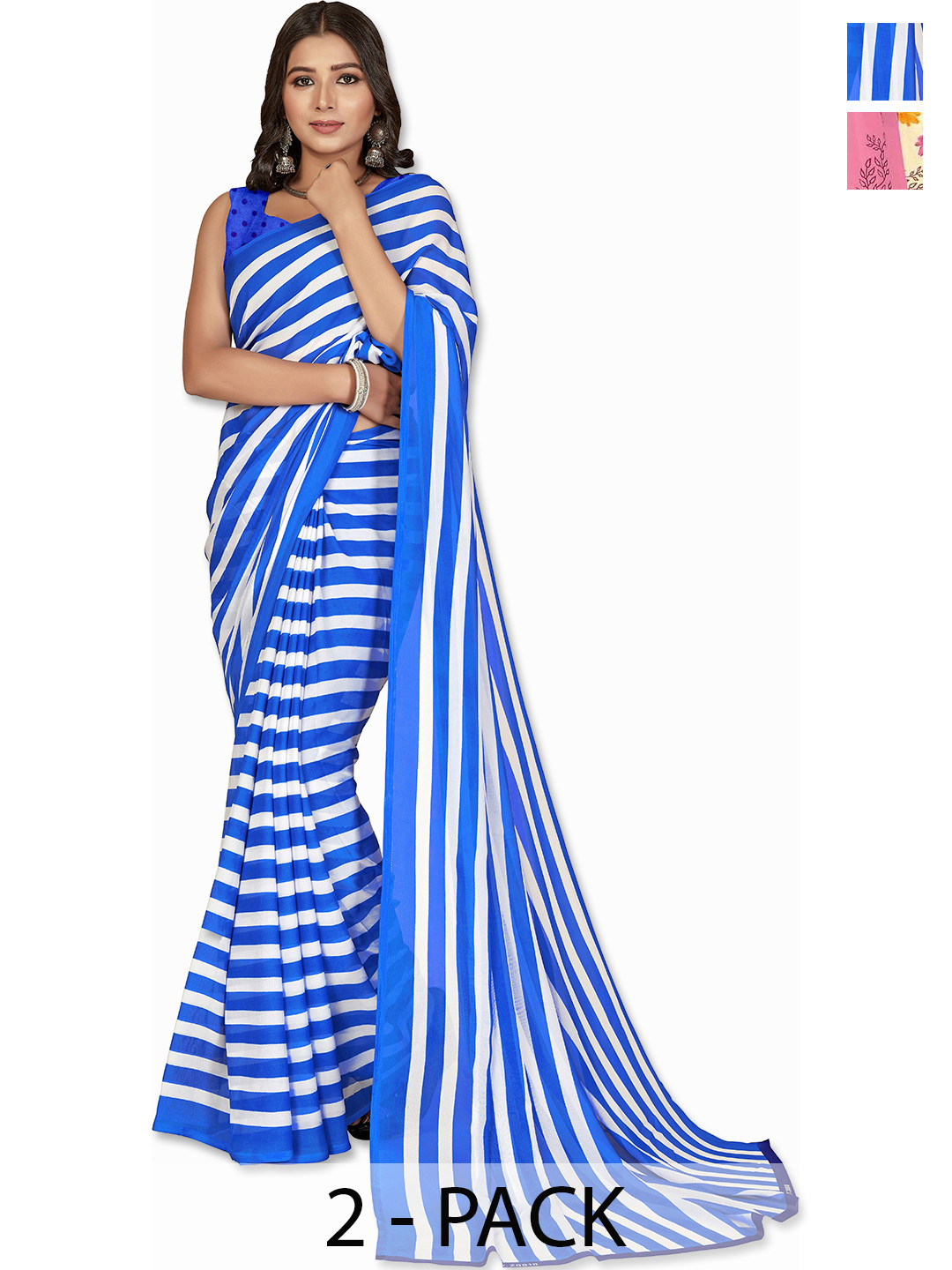

ANAND SAREES Selection Of 2 Floral Printed Sarees, Blue