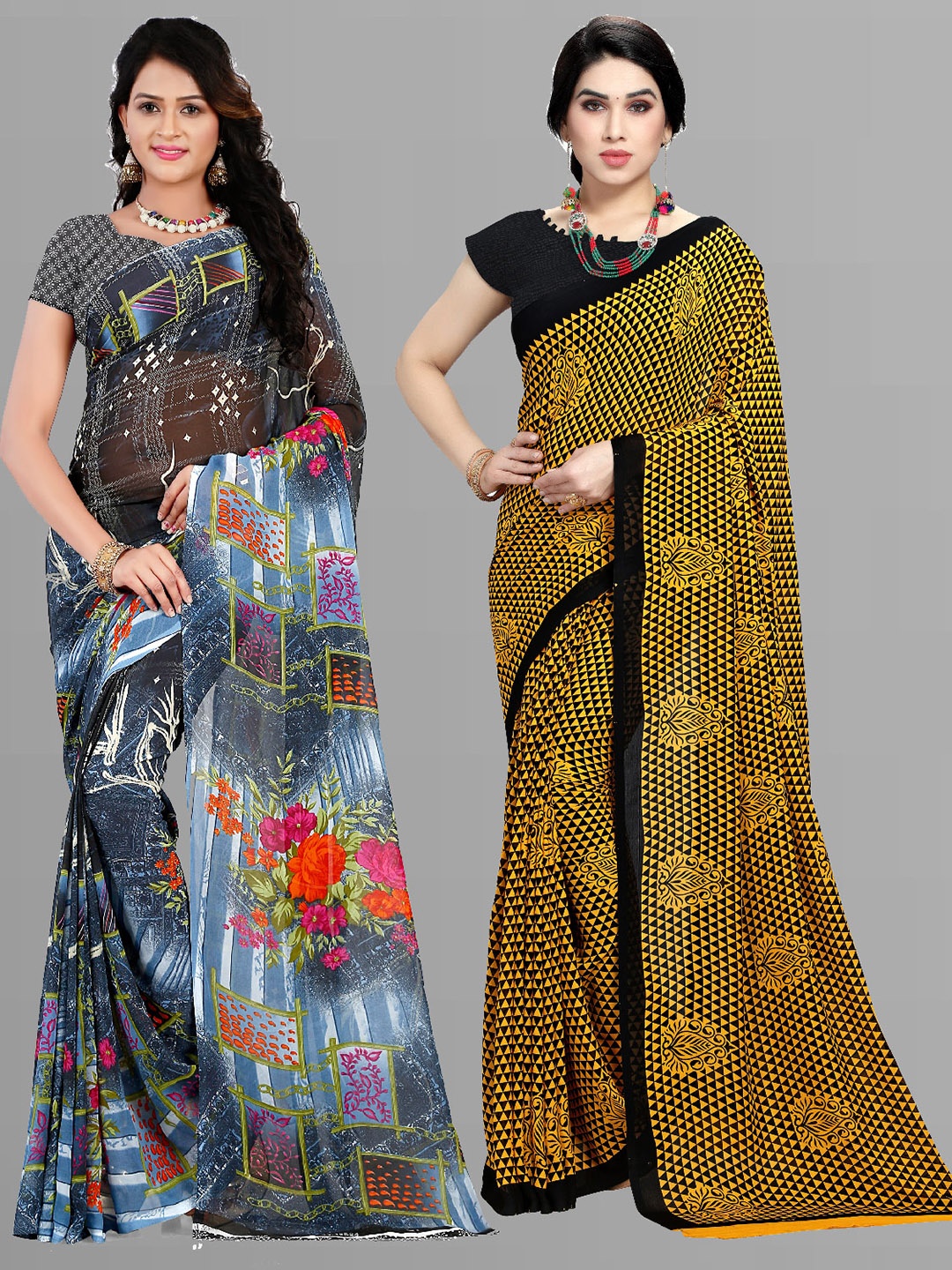

ANAND SAREES Selection Of 2 Floral Printed Saree, Black
