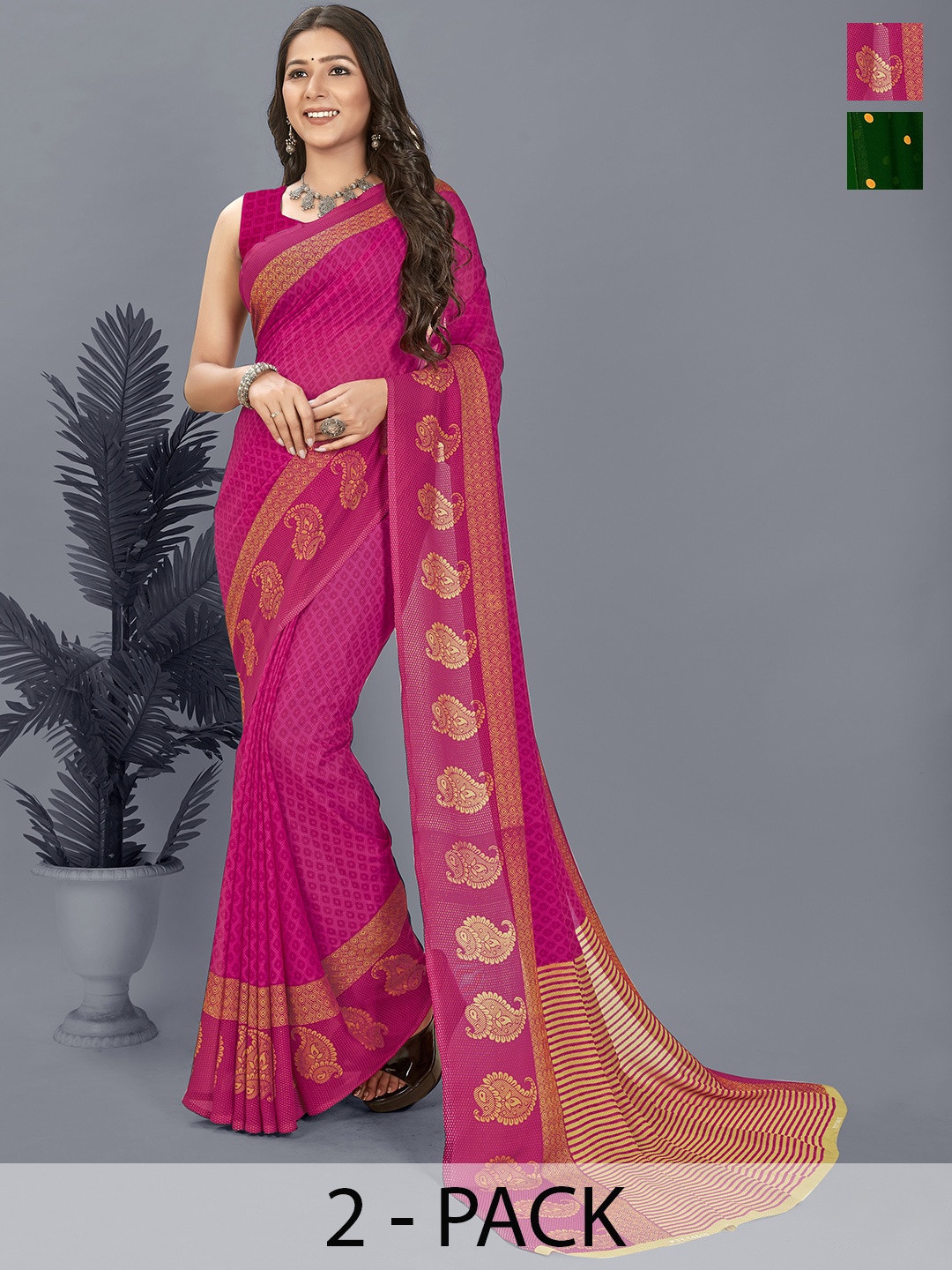 

ANAND SAREES Selection Of 2 Floral Printed Saree, Pink