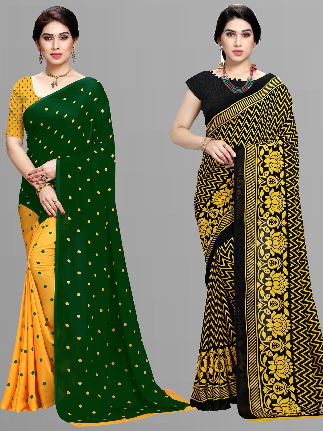 

ANAND SAREES Selection Of 2 Polka Dots Printed Saree, Black
