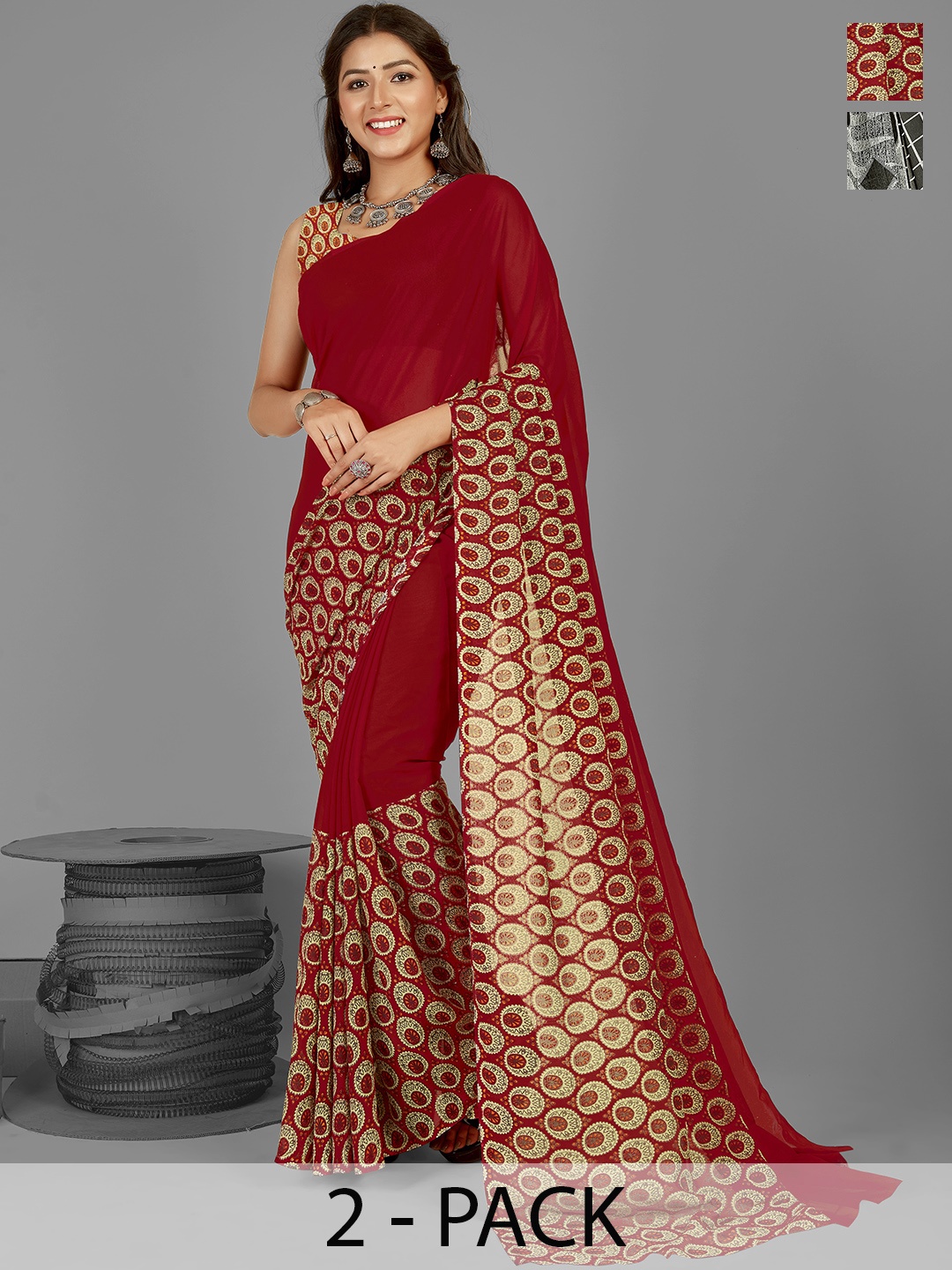 

ANAND SAREES Selection Of 2 Striped Printed Saree, Red