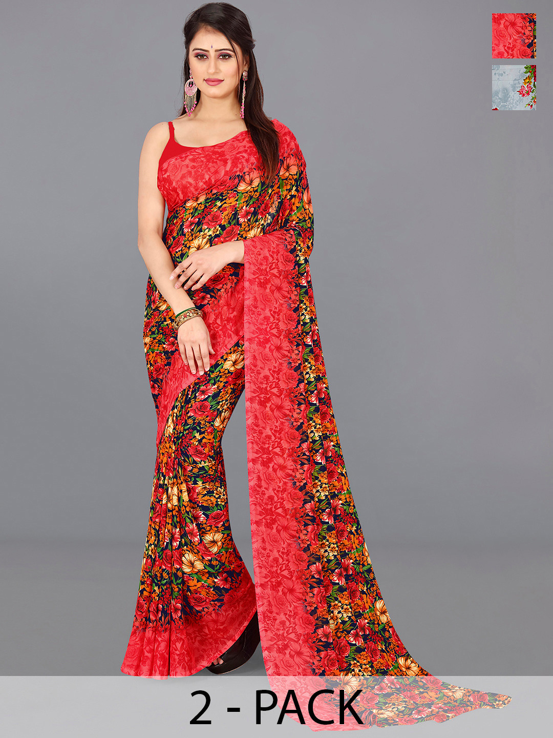 

ANAND SAREES Selection Of 2 Floral Printed Saree, Red