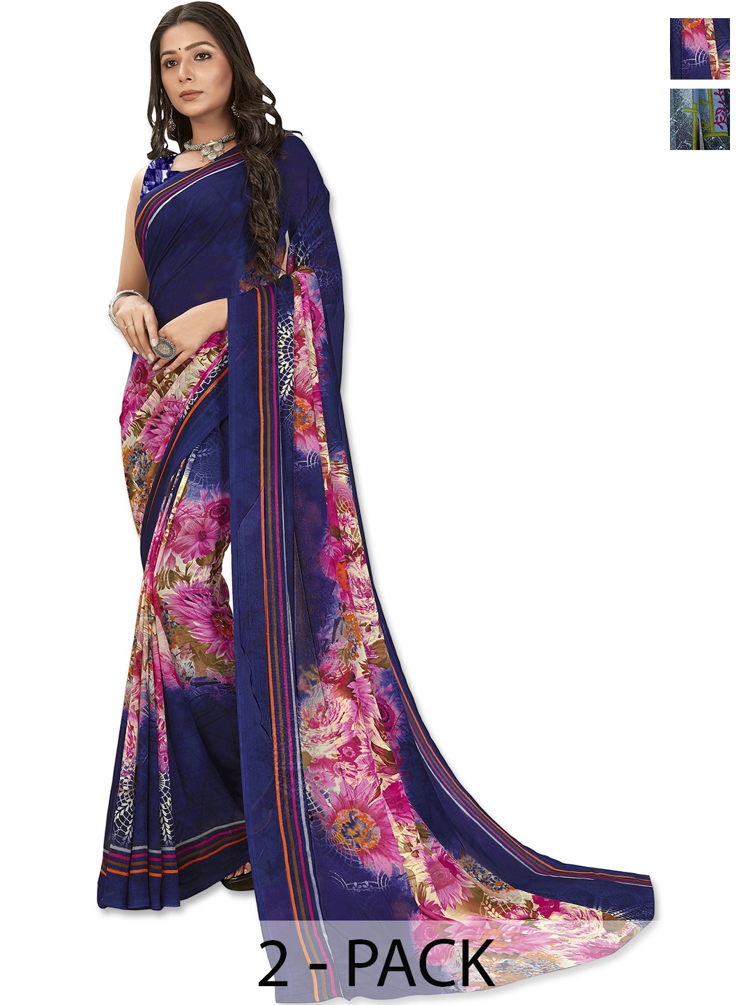 

ANAND SAREES Selection Of 2 Printed Sarees, Blue