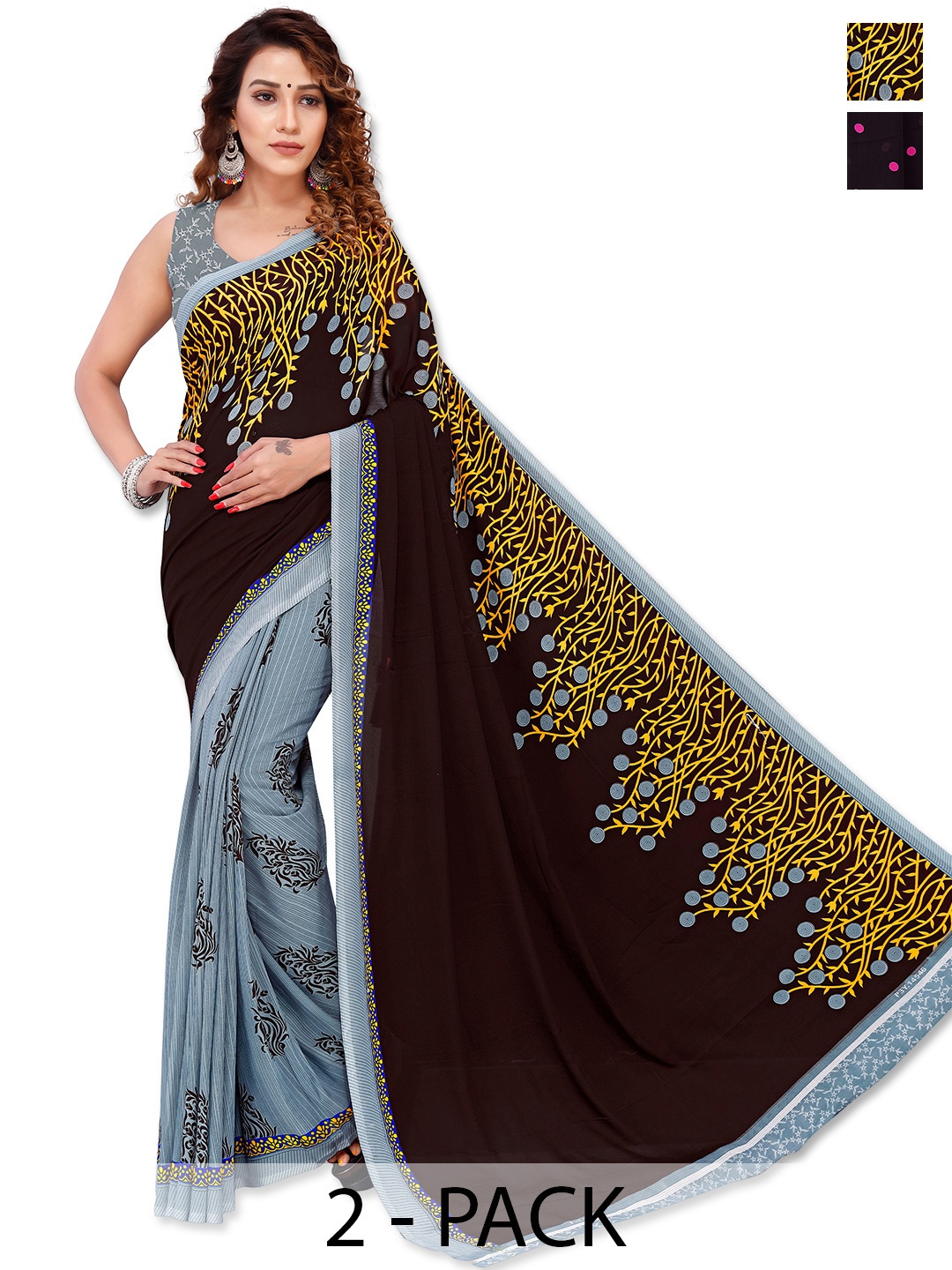 

ANAND SAREES Selection Of 2 Floral Printed Sarees, Grey