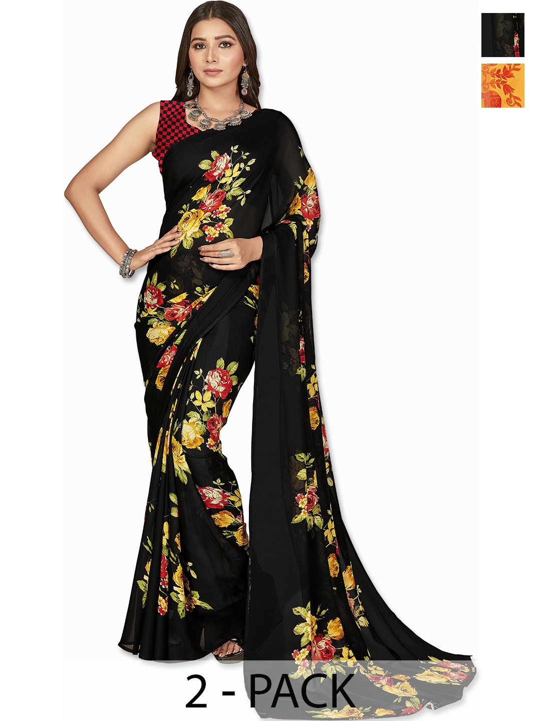 

ANAND SAREES Selection Of 2 Floral Printed Saree, Black