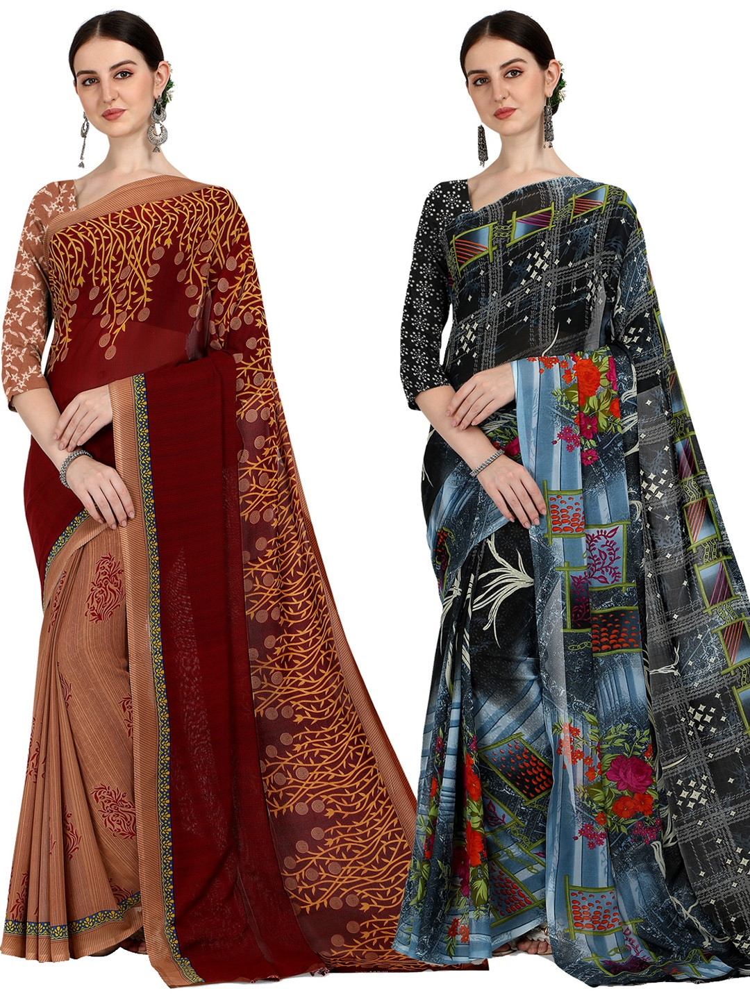 

ANAND SAREES Selection Of 2 Floral Printed Saree, Black