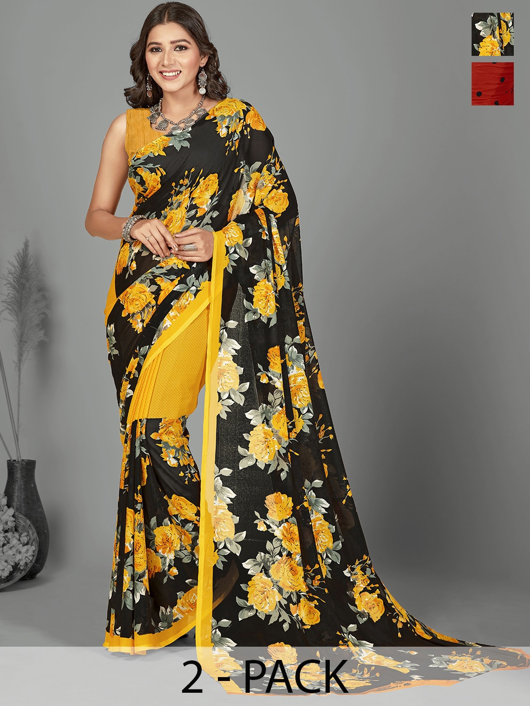 

ANAND SAREES Selection Of 2 Floral Printed Saree, Yellow