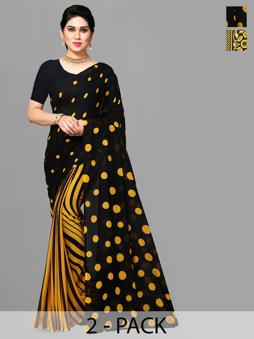 

ANAND SAREES Selection Of 2 Printed Sarees, Black