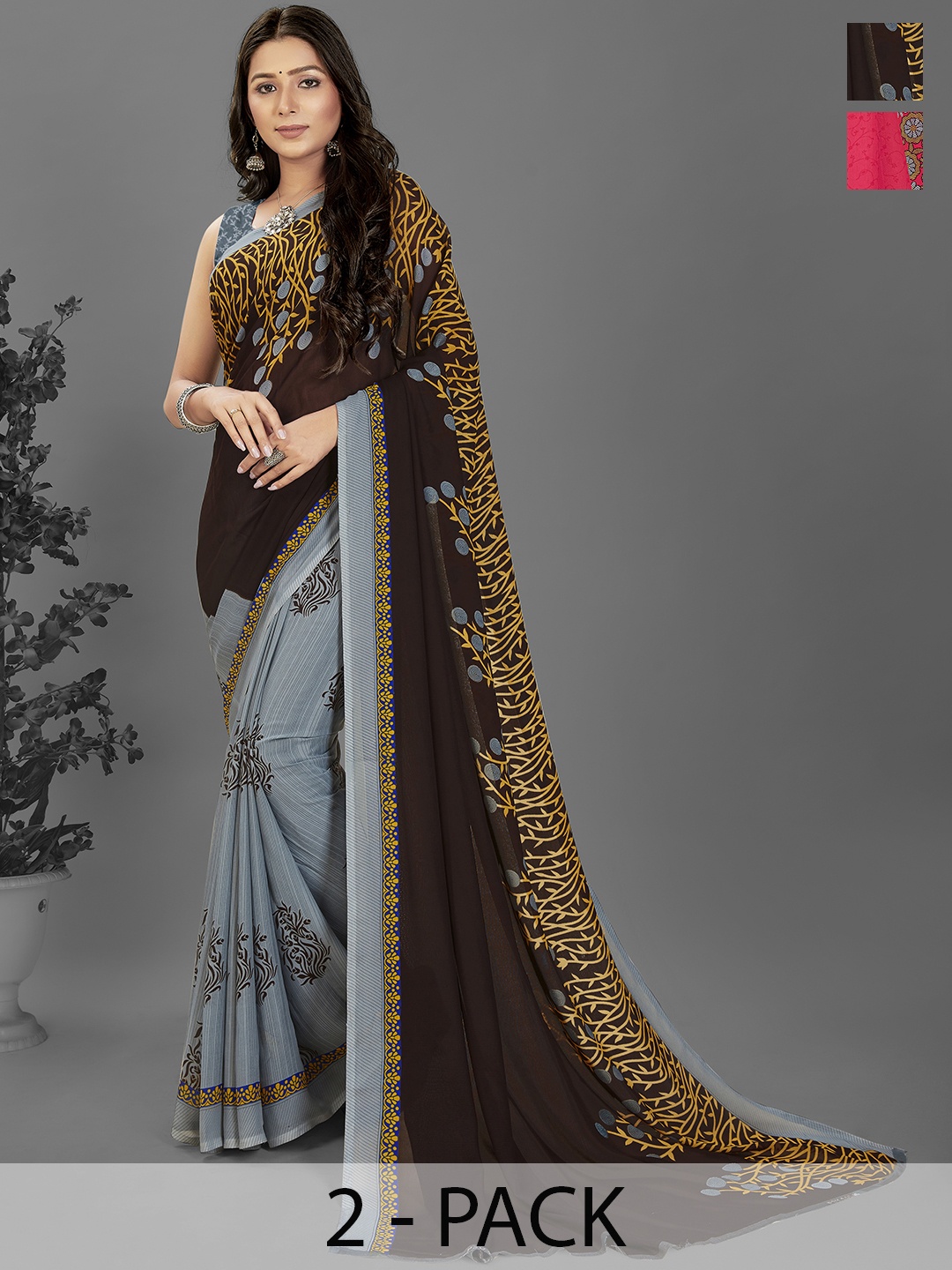 

ANAND SAREES Pack Of 2 Ethnic Motifs Saree, Grey